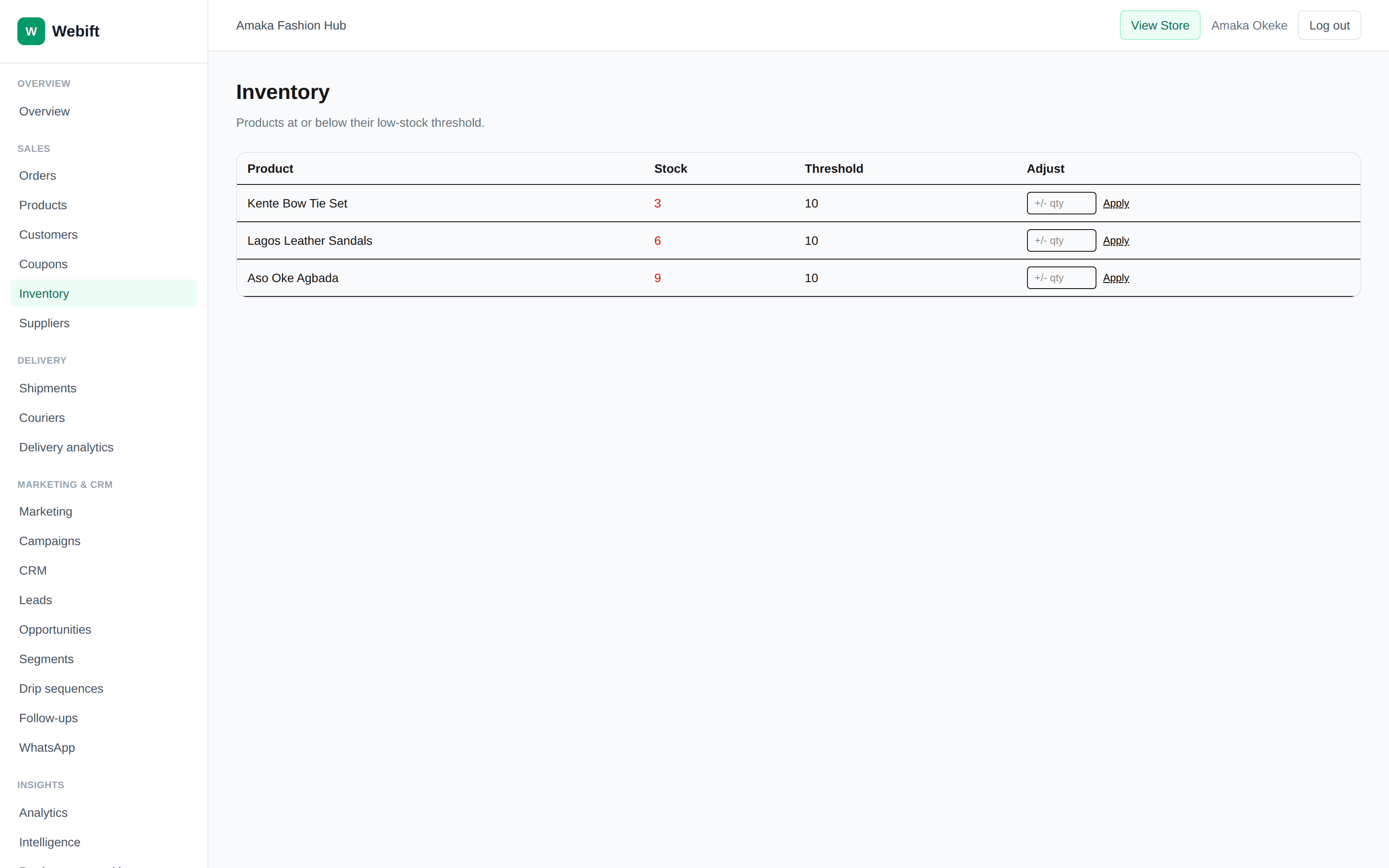 Webift inventory screen showing low-stock products with adjustable stock counts