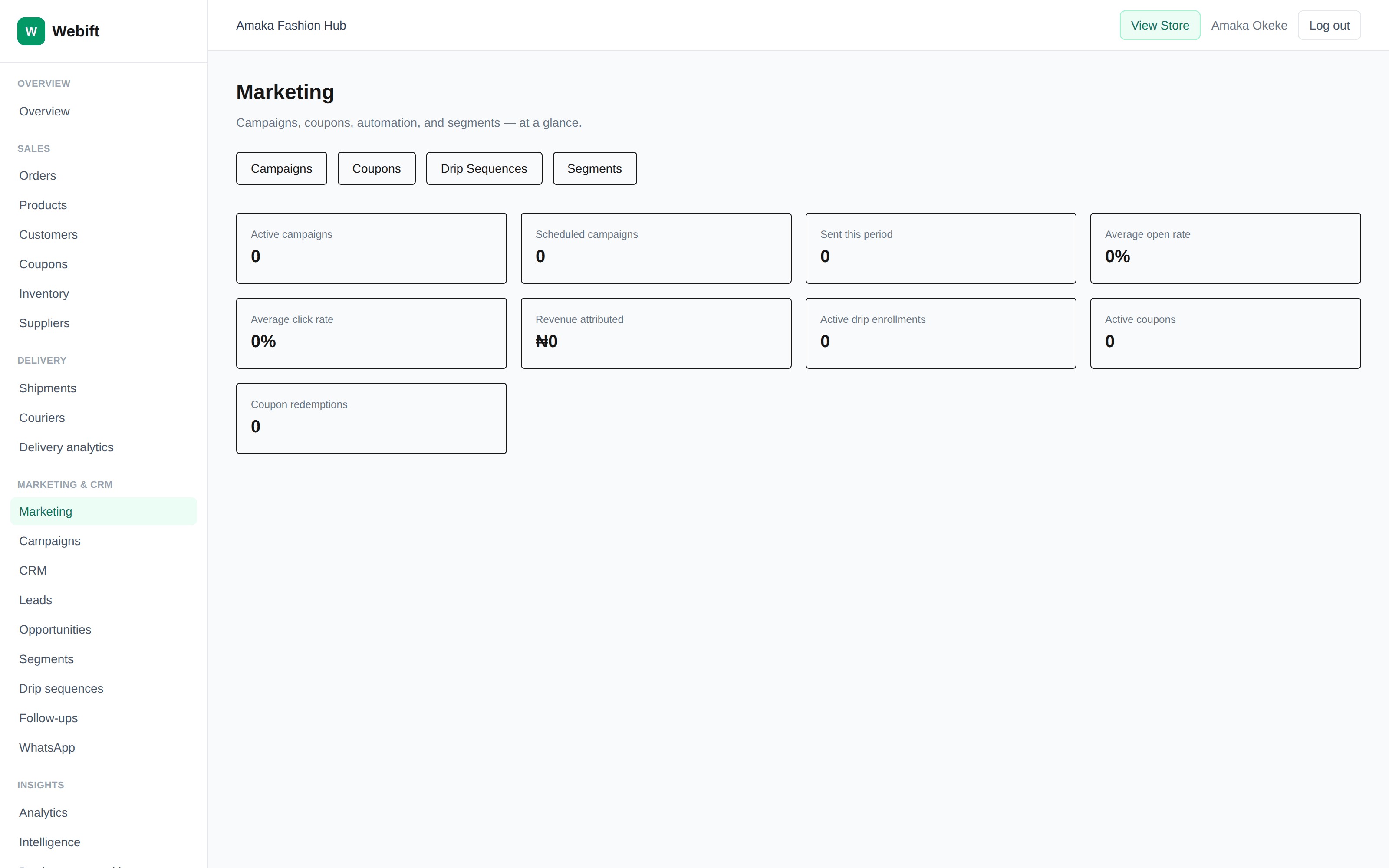 Webift marketing screen showing campaign, coupon, and segment statistics
