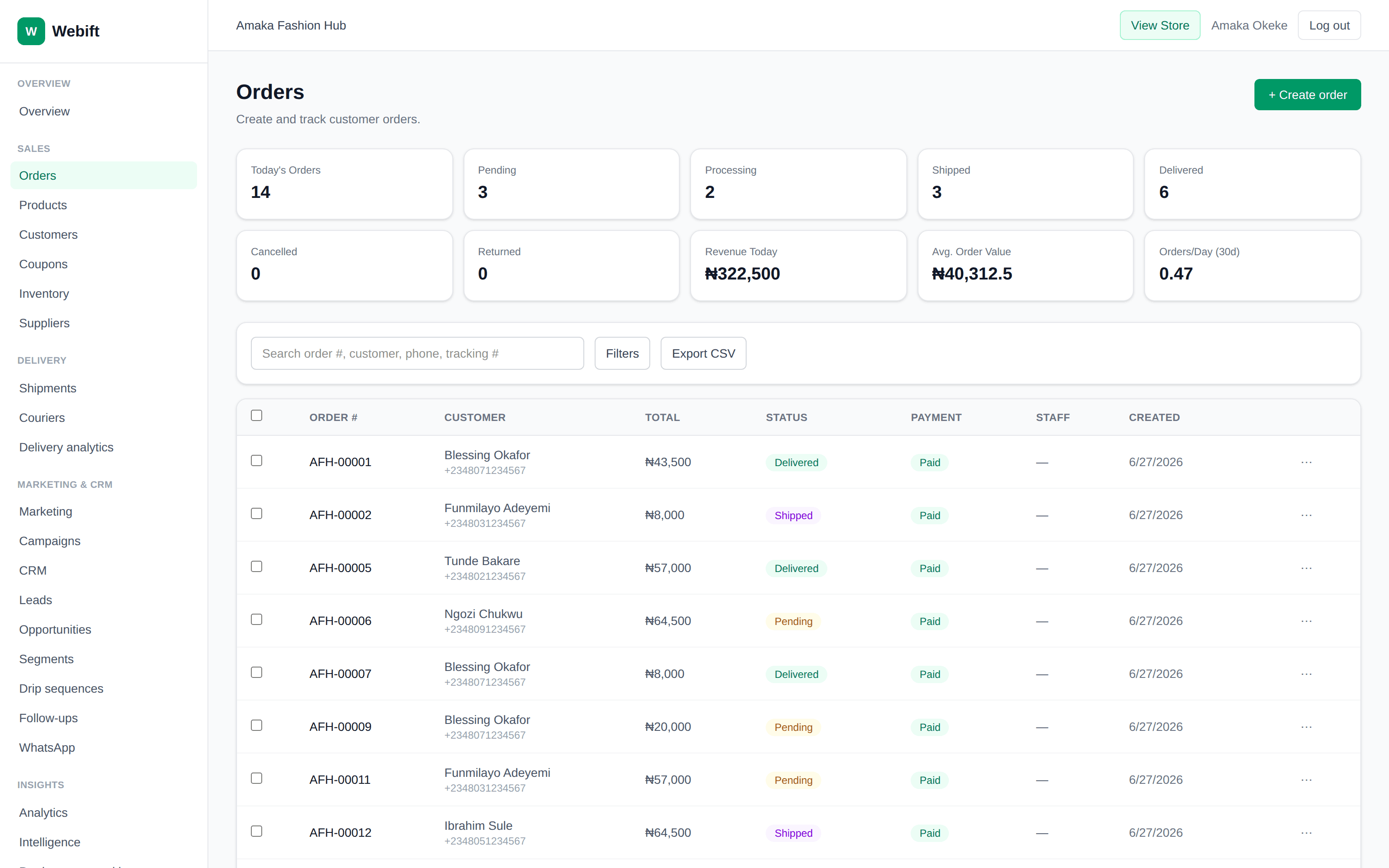 Webift orders screen listing customer orders with status, payment, and totals