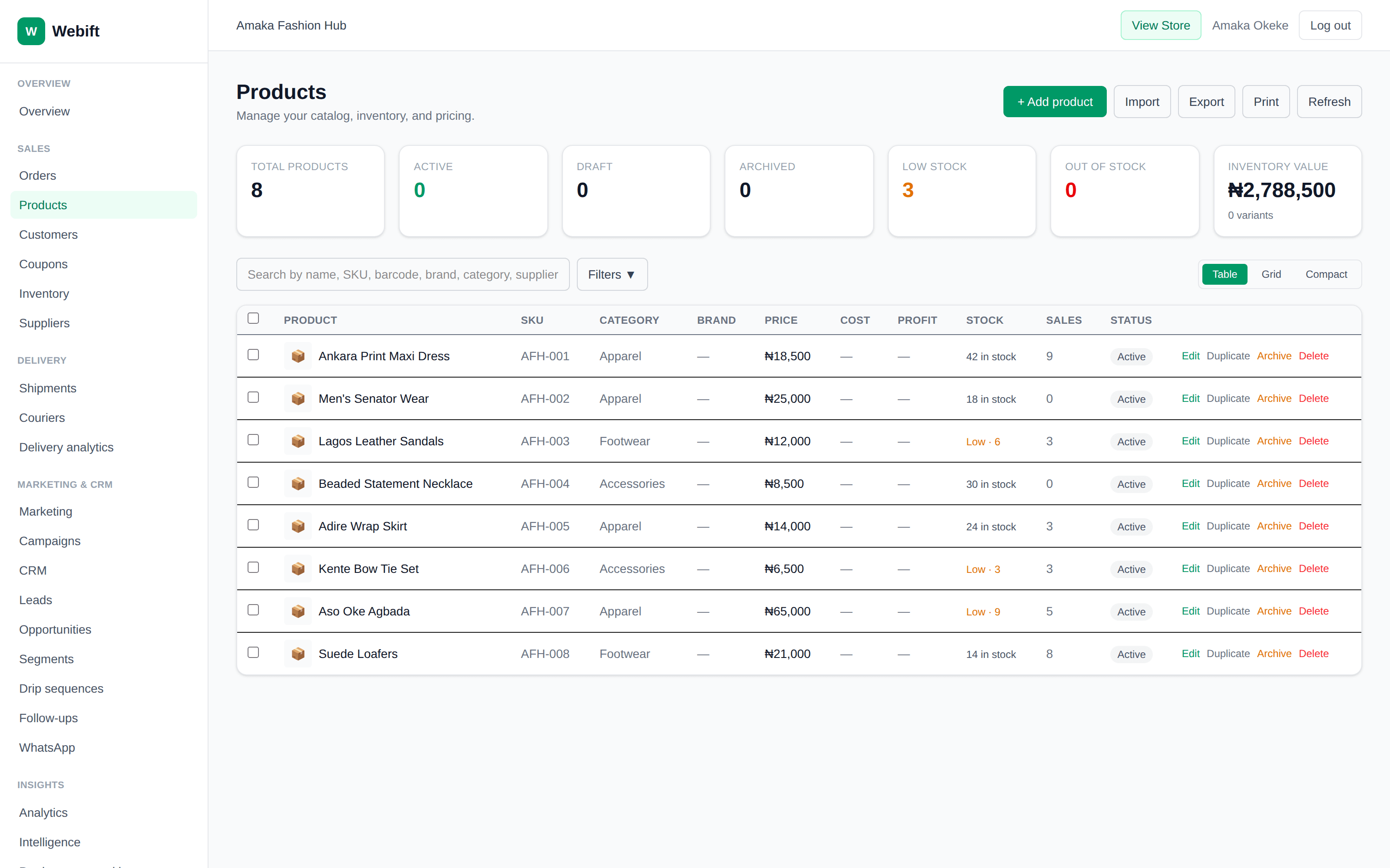 Webift products screen showing a product catalog table with stock levels and pricing