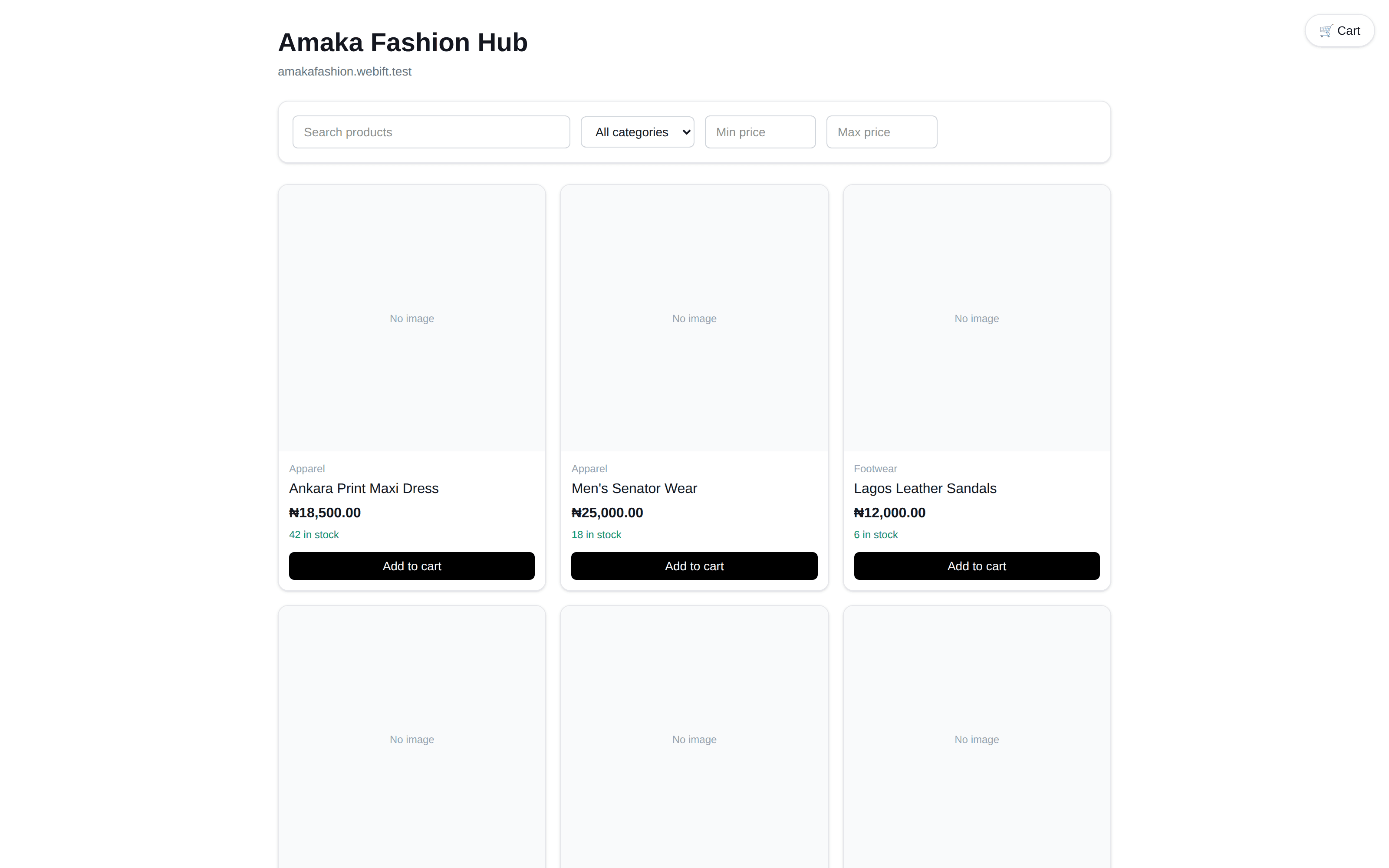 A live Webift merchant storefront showing a product catalog with search and filters